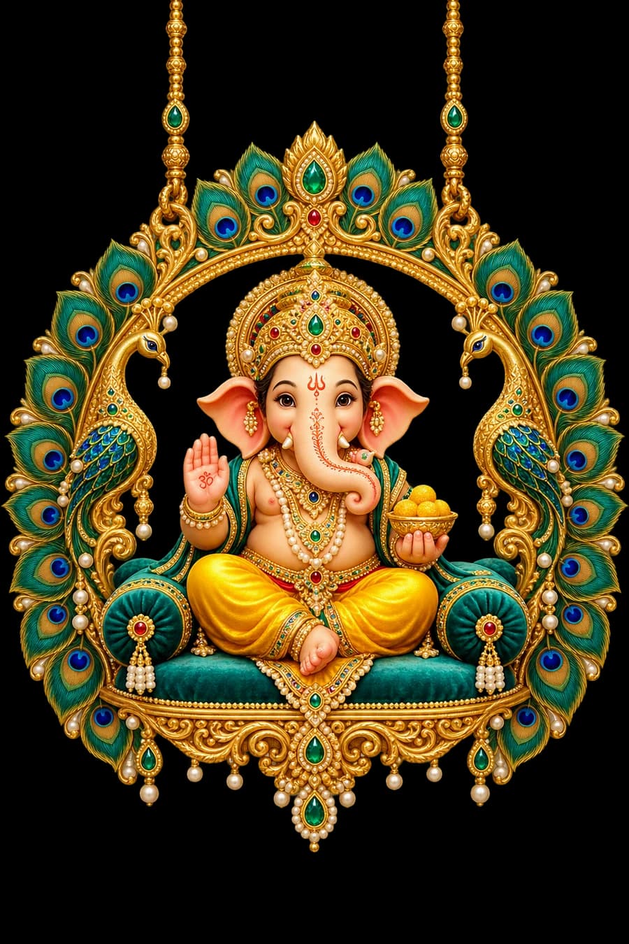 Ganesh ji seated on a golden peacock jhula, gently swinging forward and backward